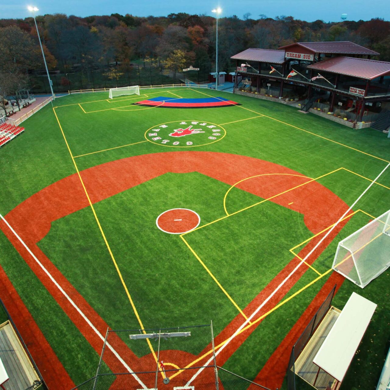 Aerial view of Dream Dome and baseball field at night