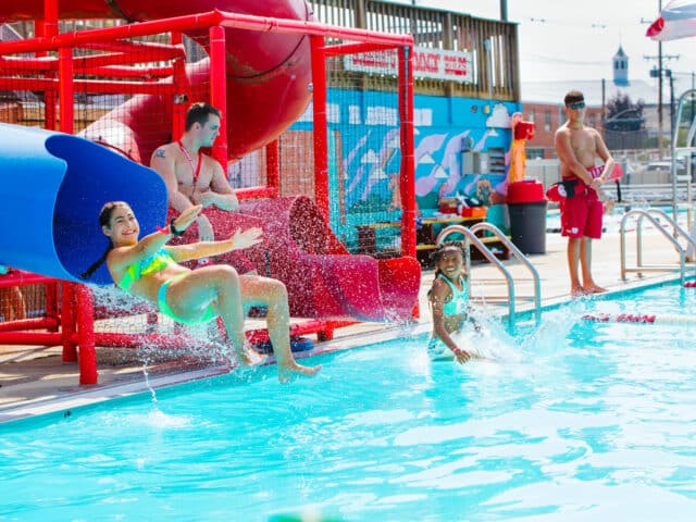 Campers coming down the water slides.